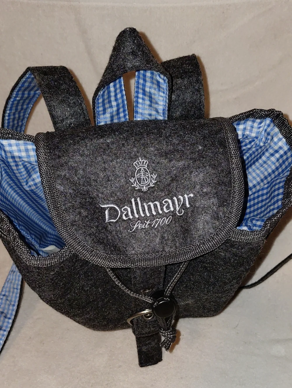 Dallmayr Dark Grey Waterproof Lined Felt Backpack W/ Blue Gingham Lining